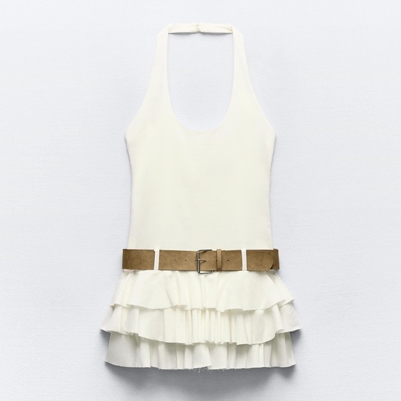Zara Dress Mini Ruffled Belt White Casual Party Evening Statement - Picture 11 of 14